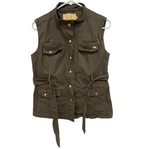 Lizette Collection Utility Vest Size Medium Snap Front Belted Olive Green Work